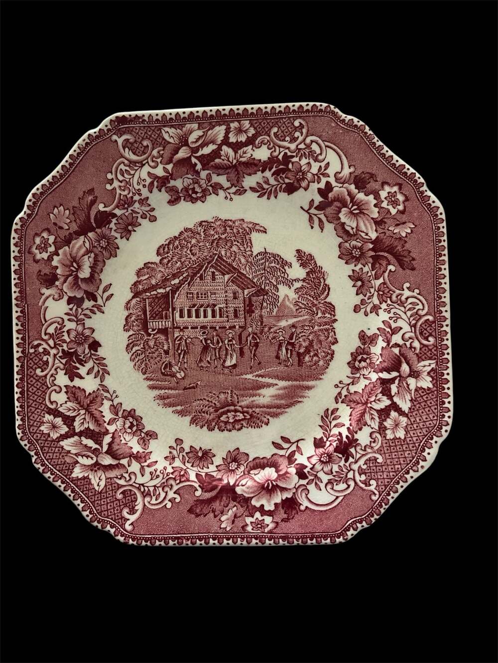 Avon Cottage Red & White Transferware Square Plate - Original England 1959